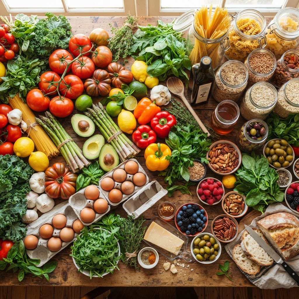 A vibrant spread of fresh produce and pantry staples